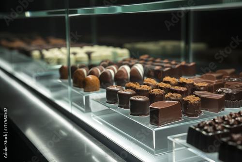 An assortment of artisan chocolates and truffles in a modern glass display against a sleek backdrop with dramatic lighting.