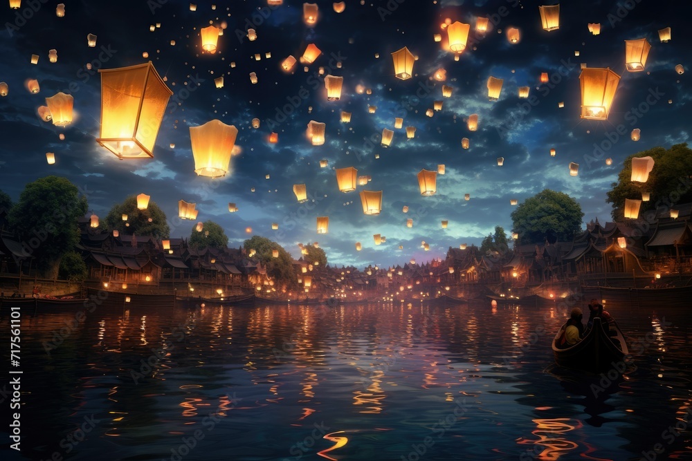 Night sky with flying lantern, Lanterns fly in sky at the river, Flying lanterns in the night sky during the Diwali festival Ai generated
