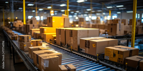 Boxes on a conveyor belt against a blurred background of a logistics center or warehouse filled with goods.