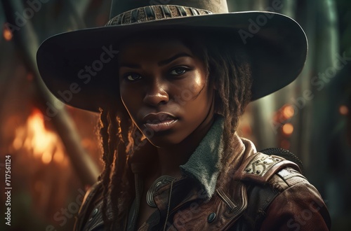 Beautiful confident African cowgirl portrait. Enchanting pastoral female cowpoke with black hat. Generate ai © nsit0108