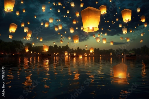 Night sky with flying lantern, Lanterns fly in sky at the river, Flying lanterns in the night sky during the Diwali festival Ai generated