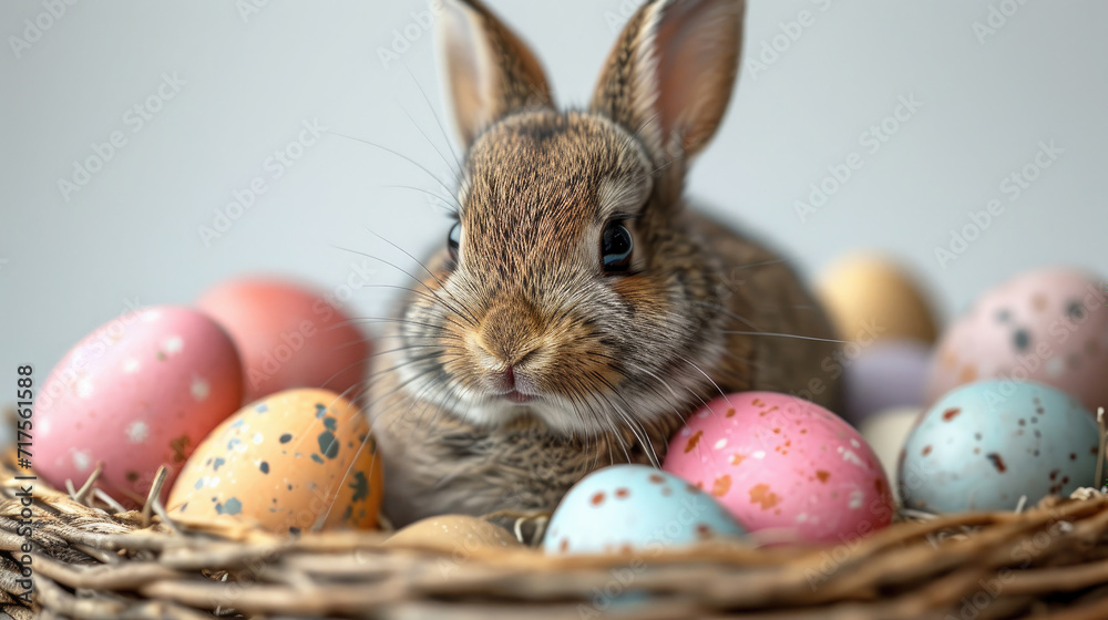 Easter Bunny with Pastel Painted Eggs Nest