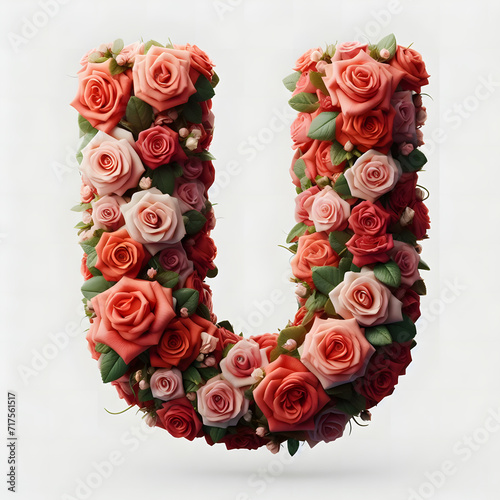 The letter U is made out of rose flowers  the Rose Alphabet  and Valentine Designs  on a White background  isolated on white  photorealistic 