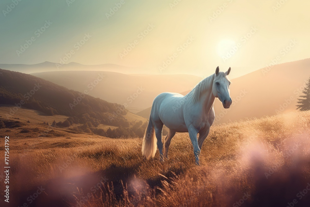 Fototapeta premium Beautiful mystical horse on sunrise field view. Fabled stallion on enchanting hills nature. Generate ai