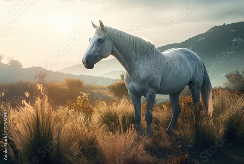 Beautiful mystical horse on morning sunrise landscape. Fantastical scenic mythical creature in countryside nature. Generate ai