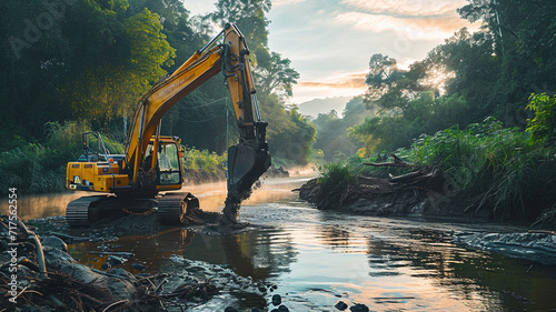 .A photograph of an close-up excavator dredging a riverbed