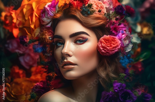 Beautiful woman with colorful makeup. Female model attractive blooming floral portrait. Generate ai