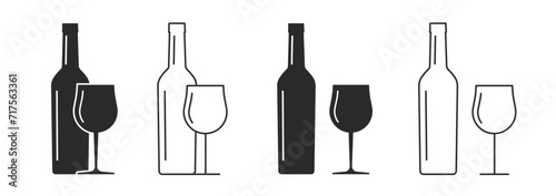 Wine bottle and glass icon vector graphic as alcohol drinks beverages sign simple pictogram black white flat glyph and line outline stroke linear art image clipart isolated shape silhouette design photo