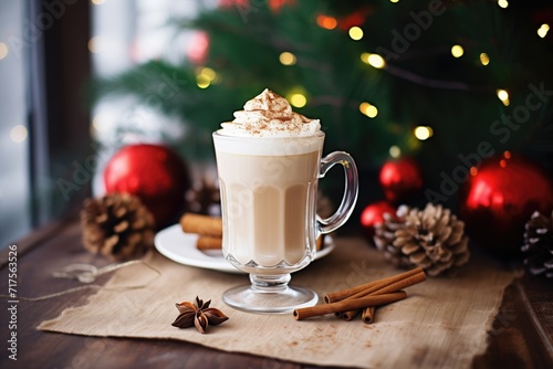 latte surrounded by gingerbread spices: cinnamon, nutmeg, cloves