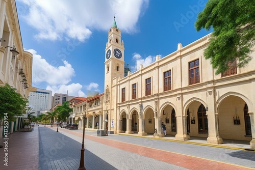 View of city or town hall in Santo Domingo, Dominican Republic along Calle Arzobispo Merino street. Generative AI photo