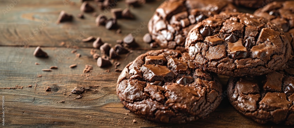 Chocolaty cookies, chewy and placed on a wooden table. Chocolaty cookies, chewy and placed on a wooden table.