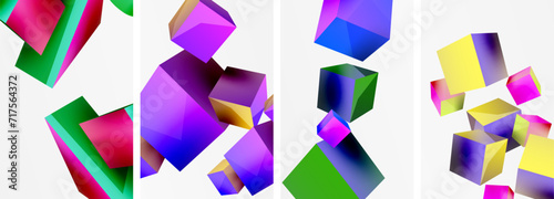 Flying 3d shapes, cubes and other geometric elements background design for wallpaper, business card, cover, poster, banner, brochure, header, website