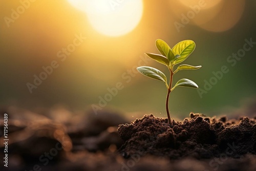 Close-up of young plant growing over green background; small tree growing with sunrise, representing the tree of life on Earth Day. Generative AI