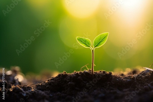Close-up of young plant growing over green background; small tree growing with sunrise, representing the tree of life on Earth Day. Generative AI
