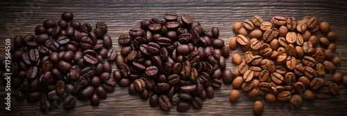 Image of coffee beans separated into dark roast  medium roast  and light roast. Ai generate.