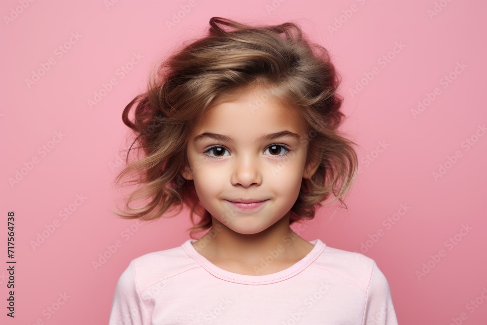 Portrait of cute little girl with curly hair over pink background. Portrait of cute little girl with curly hair over pink background.