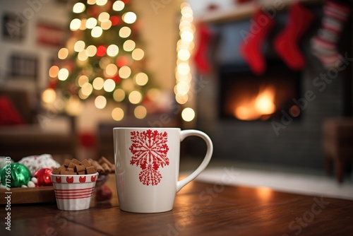 peppermint mocha beside a lit fireplace with stockings hanging in the background