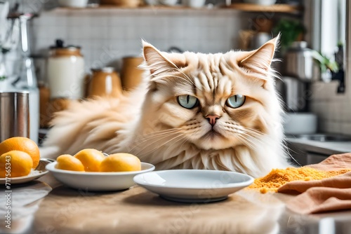 Capture the bright day ambiance as a cream Persian cat displays impatience while waiting for food in the kitchen, surrounded by visible food bowls on the wooden floor.