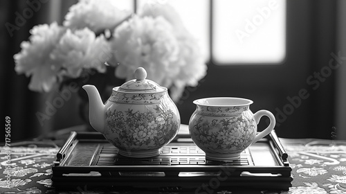 An elegant Chinese gongfu tea ceremony with fine porcelain teaware. photo