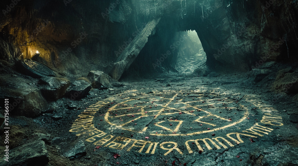 A mysterious set of ancient runes left as imprints in a mystical cave. A mysterious set of ancient runes left as imprints in a mystical cave.