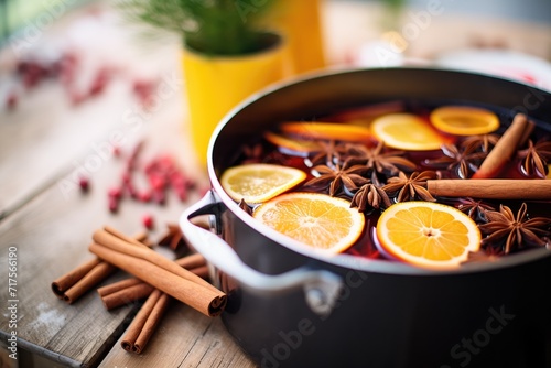 spiced mulled wine in pot with cinnamon sticks
