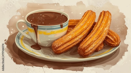 Churros with a Cup of Hot Chocolate Illustration on a Vintage Plate