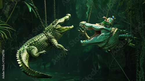 A daring alligator soaring through the air on a swing made out of a vine with a crocodile clown hanging on for dear life on the other end both attempting to perform a risky