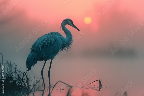 The soft  dreamlike vision of a crane in a pastel-colored mist 