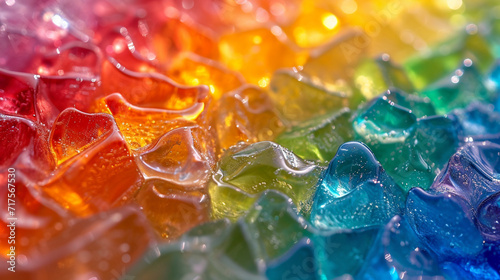 Layers of rainbow jelly on a transparent surface, creating a stained-glass effect,