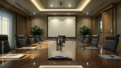 .Present an image of a boardroom scene with a polished wooden table