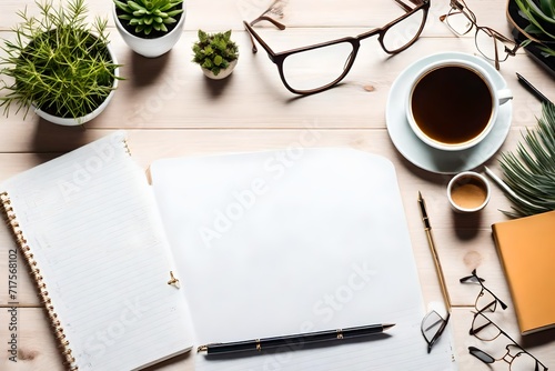 Compose a visually appealing flat lay scene for a cozy home office concept  incorporating a cute cat  white open notebook  coffee cup  plant  and eyeglasses on the desk. 
