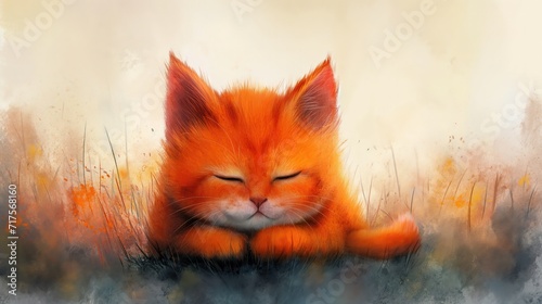 grungy texture illustration of cute ginger cat sleeping peacefully in grass field, Generative Ai