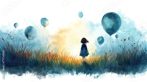 grungy texture illustration of a girl walking in grass field with balloon float around, generative Ai photo