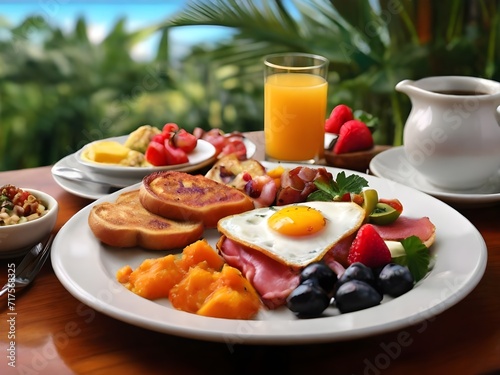 english breakfast with tropical background