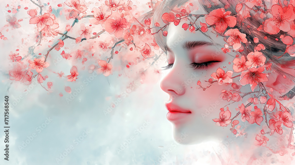 watercolor painting illustration, pretty woman face with red cherry blossom flower tree, Generative Ai