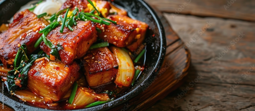 Homemade spicy pork belly cooked with kimchi spring onions onion and tofu Marinated with red chilli paste called gojuchang. Copy space image. Place for adding text or design Homemade spicy pork belly cooked with kimchi spring onions onion and tofu Marinated with red chilli paste called gojuchang. Copy space image. Place for adding text or design