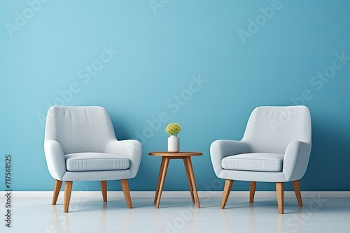 Blue armchairs in modern living room interior