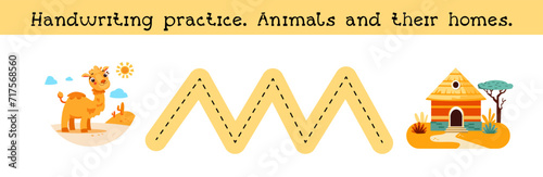 Handwriting practice. Animal and their home. Puzzle game for preschool children. Activity for kids. Cartoon vector illustration. 