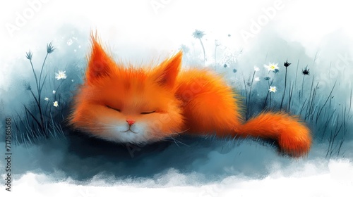 grungy texture illustration of cute ginger cat sleeping peacefully in grass field, Generative Ai