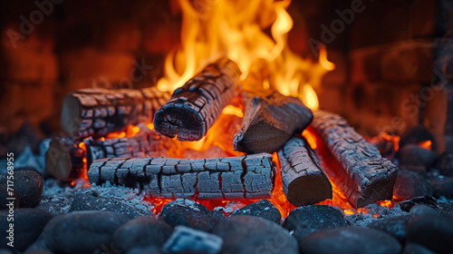 A fireplace with a harmonious arrangement of logs and coals, creating a serene atmosphere,