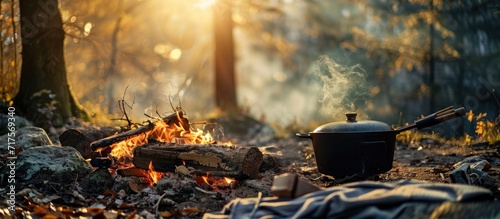 Foto Hiking pot Bowler in the bonfire Fish soup boils in cauldron at the stake Traveling tourism picnic cooking cooking at the stake in a cauldron fire and smoke