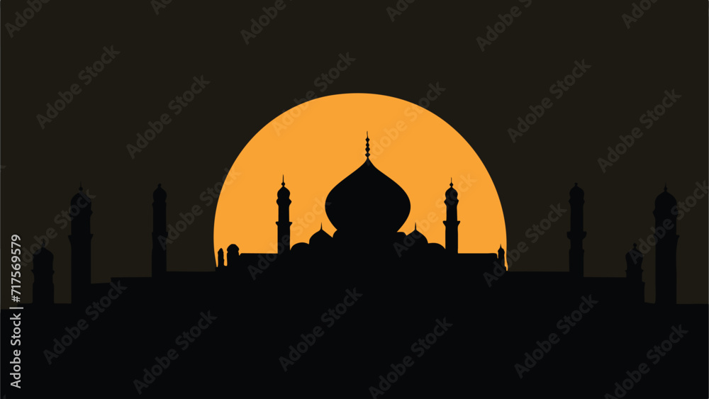 Mosque silhouette on hot sun orange sky background, Ramadan Kareem background, vector banner and poster illustration