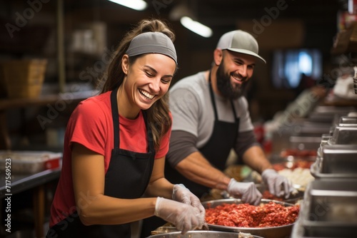 Philanthropist and volunteers sorting food donations for a local food bank  Generative AI