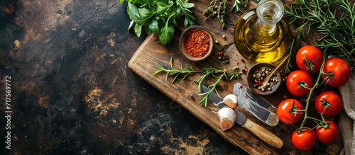 Organic vegetarian ingredients olive oil and seasoning on rustic wooden cutting board over dark vintage background with space for text top view Healthy food vegan or diet nutrition concept
