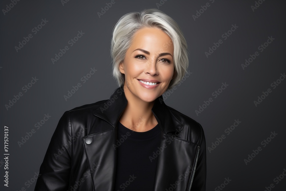 Beautiful smiling middle aged woman in leather jacket over dark background. Beautiful smiling middle aged woman in leather jacket over dark background.