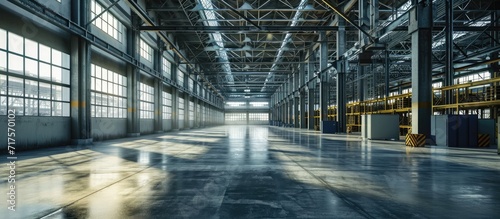 Large hangar warehouse industrial and logistics companies Warehousing on the floor and called the high shelves Bright sunlight. Copy space image. Place for adding text or design