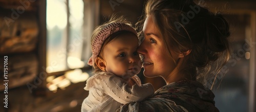 Nurturing Love Inside a charming timber house a mother finds her happy place holding her baby girl tight and stealing sweet kisses. Copy space image. Place for adding text or design © Gular