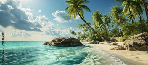 Palm trees over stunning lagoon and white sandy beach. Copy space image. Place for adding text or design