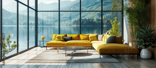 Living room with lake view and yellow sofa. Copy space image. Place for adding text or design © Gular