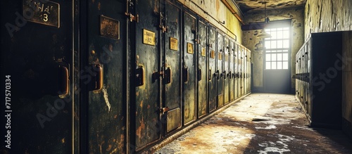 Locker room in an old coal mine Lockers are numbered for each miner woking. Copy space image. Place for adding text or design photo
